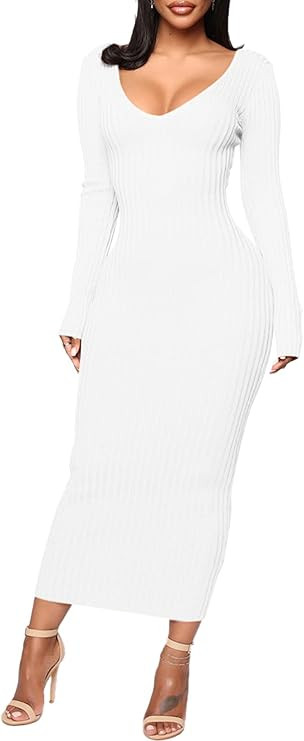 BestGirl Women's Sexy Ribbed Sweater Dresses Bodycon V Neck Off Shoulder Long Sleeve Lightweight ... | Amazon (US)