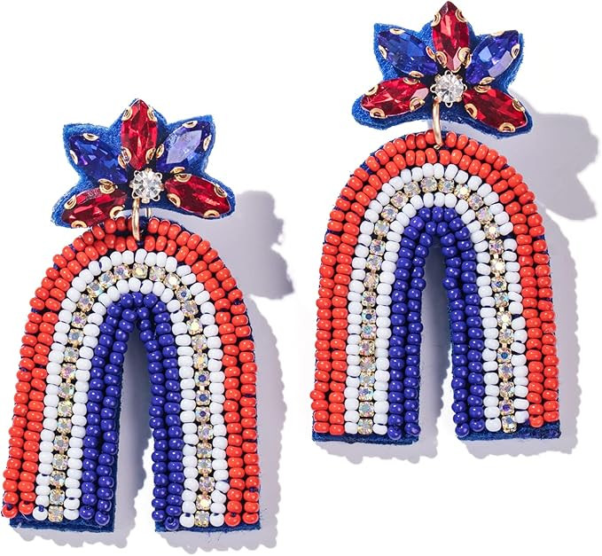 American Flag Dangle Earrings Beaded - Handmade 4th of July Patriotic Earrings, Independence Day ... | Amazon (US)