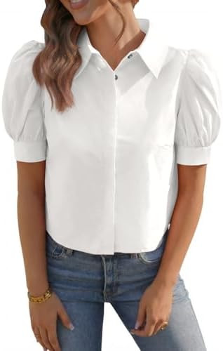 Tankaneo Womens Cropped Button Down Shirts Summer Puff Short Sleeve Collared Tops Dressy Casual C... | Amazon (US)