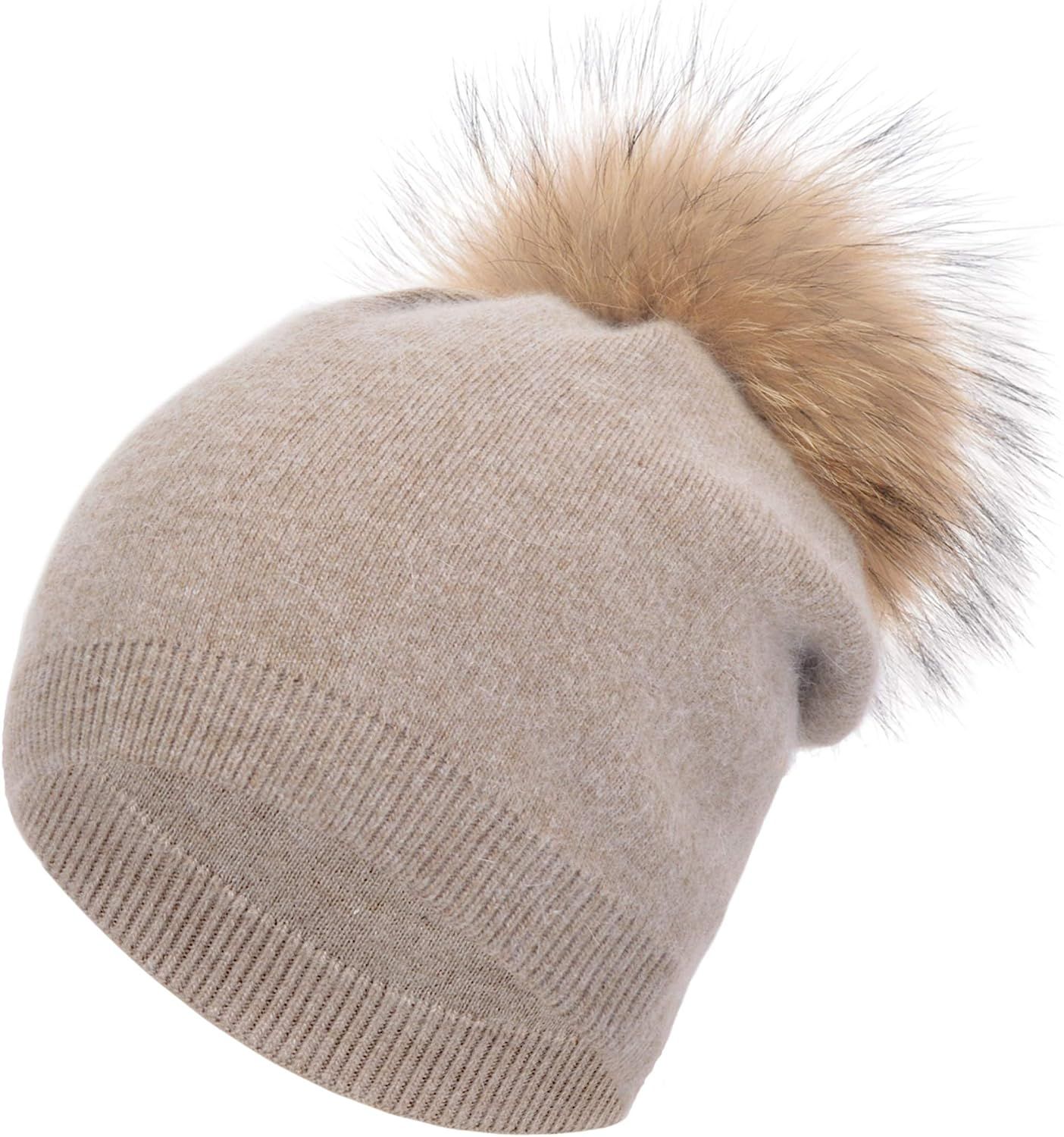Soft Warm Winter Removable Real Fur Pom Pom Cashmere Slouchy Knit Beanie Hat for Women Girls Snow... | Amazon (US)