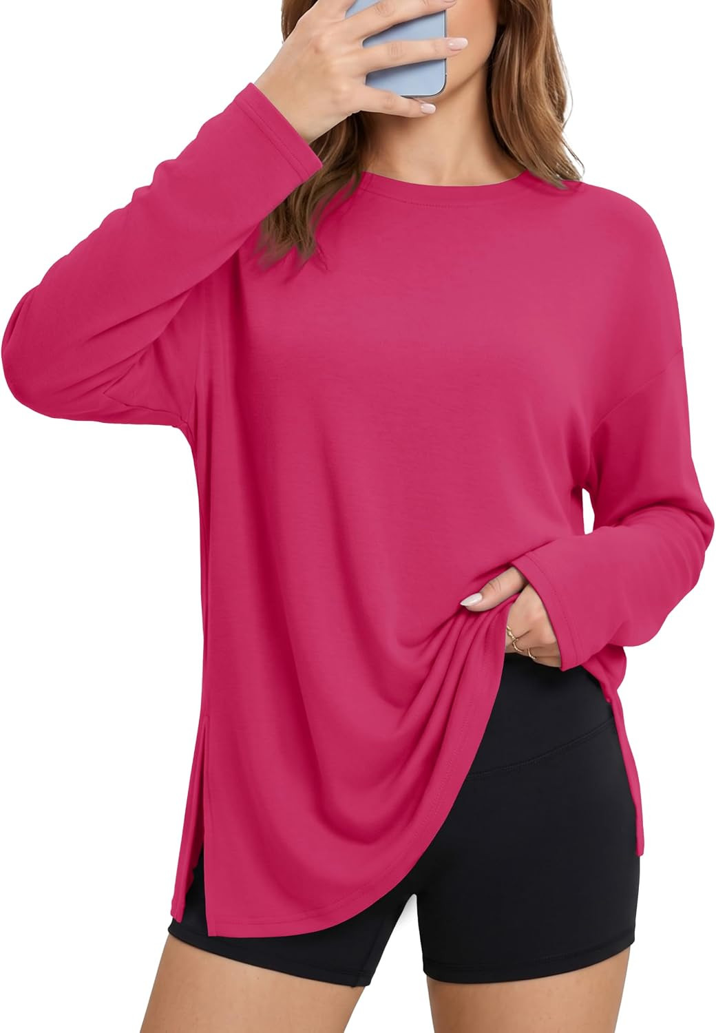Women's Oversized Long Sleeve Shirt Crew Neck Workout Fall Soft Tee | Amazon (US)