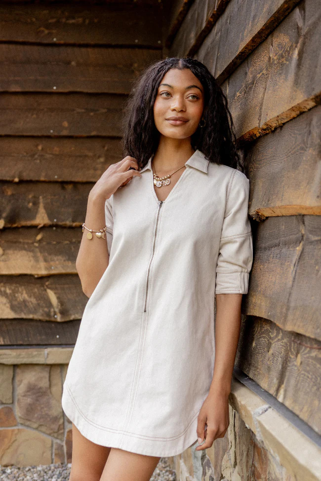 Rita Ecru Front Zip Mini Dress SALE | Pink Lily