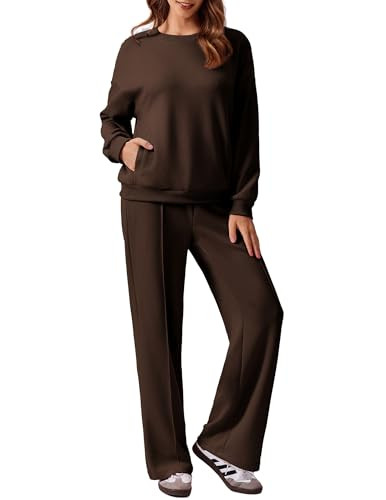 PINSPARK Two Piece Sets for Women Long Sleeve Crewneck Sweatshirts Athletic Straight Leg Lounge Set Tracksuit Outfits Fall 2024 Espresso M | Amazon (US)