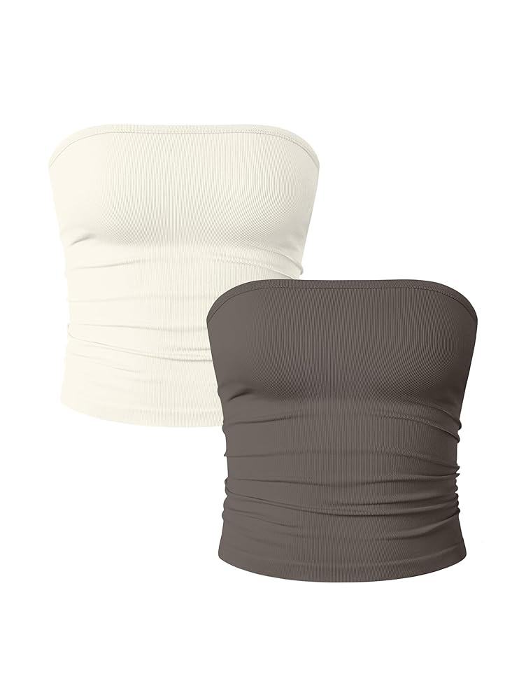 OQQ Womens 2 Piece Tube Tops Strapless Basic Sleeveless Stretch Classic-Fit Shirts Sexy Crop Tops | Amazon (US)