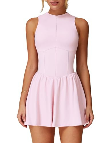 Womens Tennis Dress Zipper Yoga Athletic Dresses for Women Slim Fit A-line Hem Mini Golf Dresses with Built-in Bras & Shorts Sports Summer Active Exercise Workout Dress with Pockets Pink XS | Amazon (US)