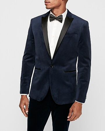 slim navy velvet tuxedo jacket | Express