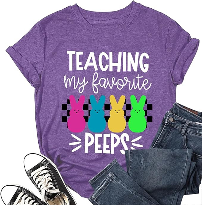 Happy Easter Teacher Shirt Women Teaching My Favorite Peeps Letter T-Shirt Short Sleeve Leopard R... | Amazon (US)