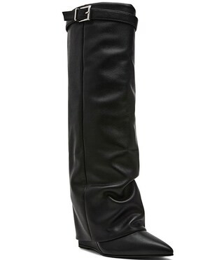 Corenne Leather Foldover Buckle Strap Tall Wedge Boots | Dillard's