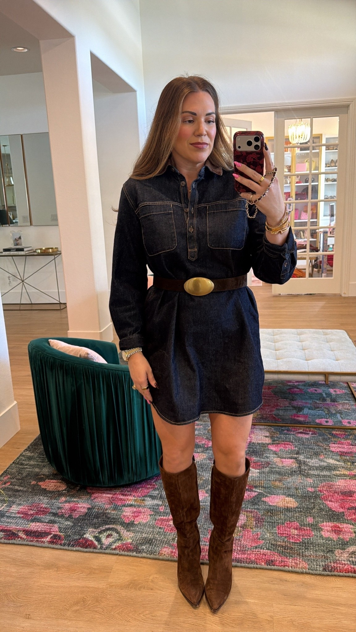 curvy midsize fall outfit! wearing size medium in dark wash denim shift dress. belted the look to be more fitted. dress is 40% off!

#LTKSeasonal #LTKMidsize #LTKSaleAlert