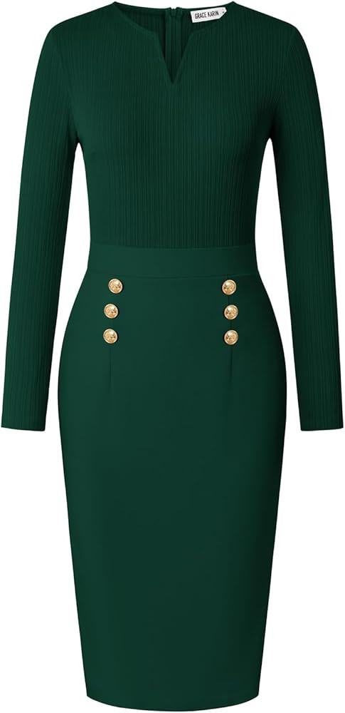 GRACE KARIN Women's 2025 Fall Henly V Neck Business Work Dress Long Sleeve Bodycon Midi Elegant O... | Amazon (US)