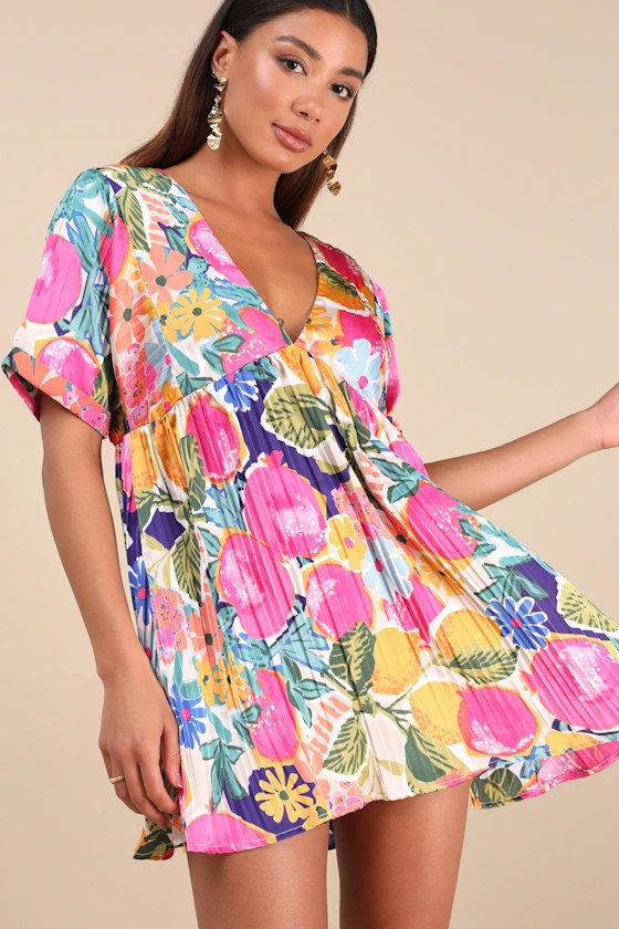 Express Yourself Pink Multi Floral Print Satin Babydoll Dress | Lulus