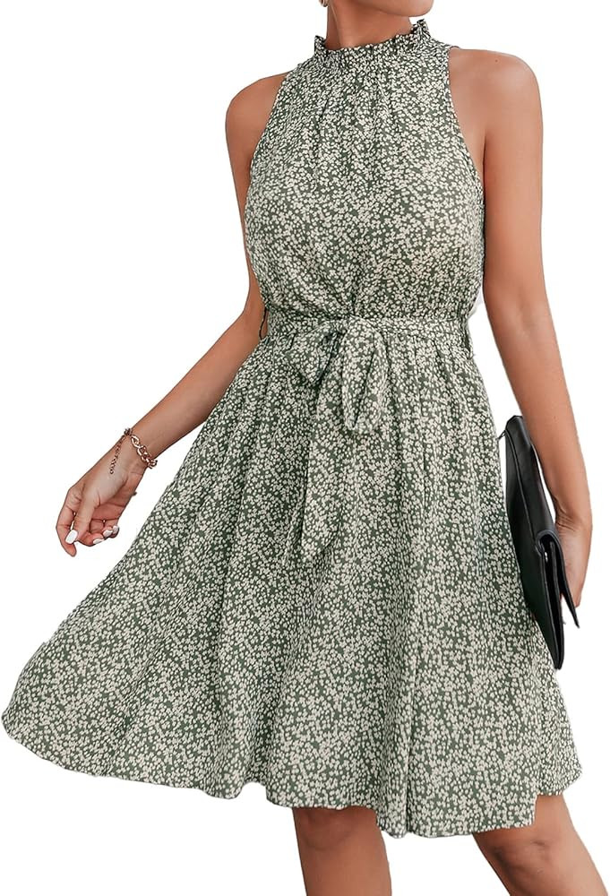 BTFBM Women Floral Dresses Casual Summer Sleeveless Halter Neck Ruffle Belt Boho Polka Dot Leopard P | Amazon (US)