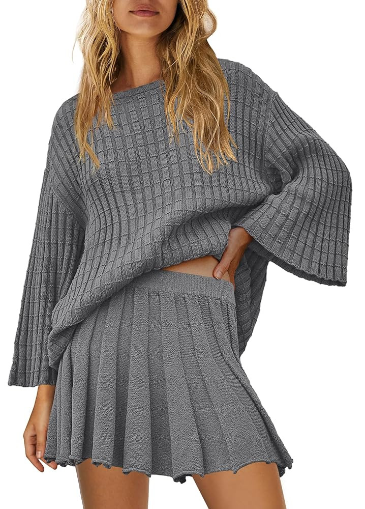Yanekop Womens 2 Piece Sweater Skirt Set Loose Matching Lounge Sets Comfy Pajamas Set Long Sleeve... | Amazon (US)