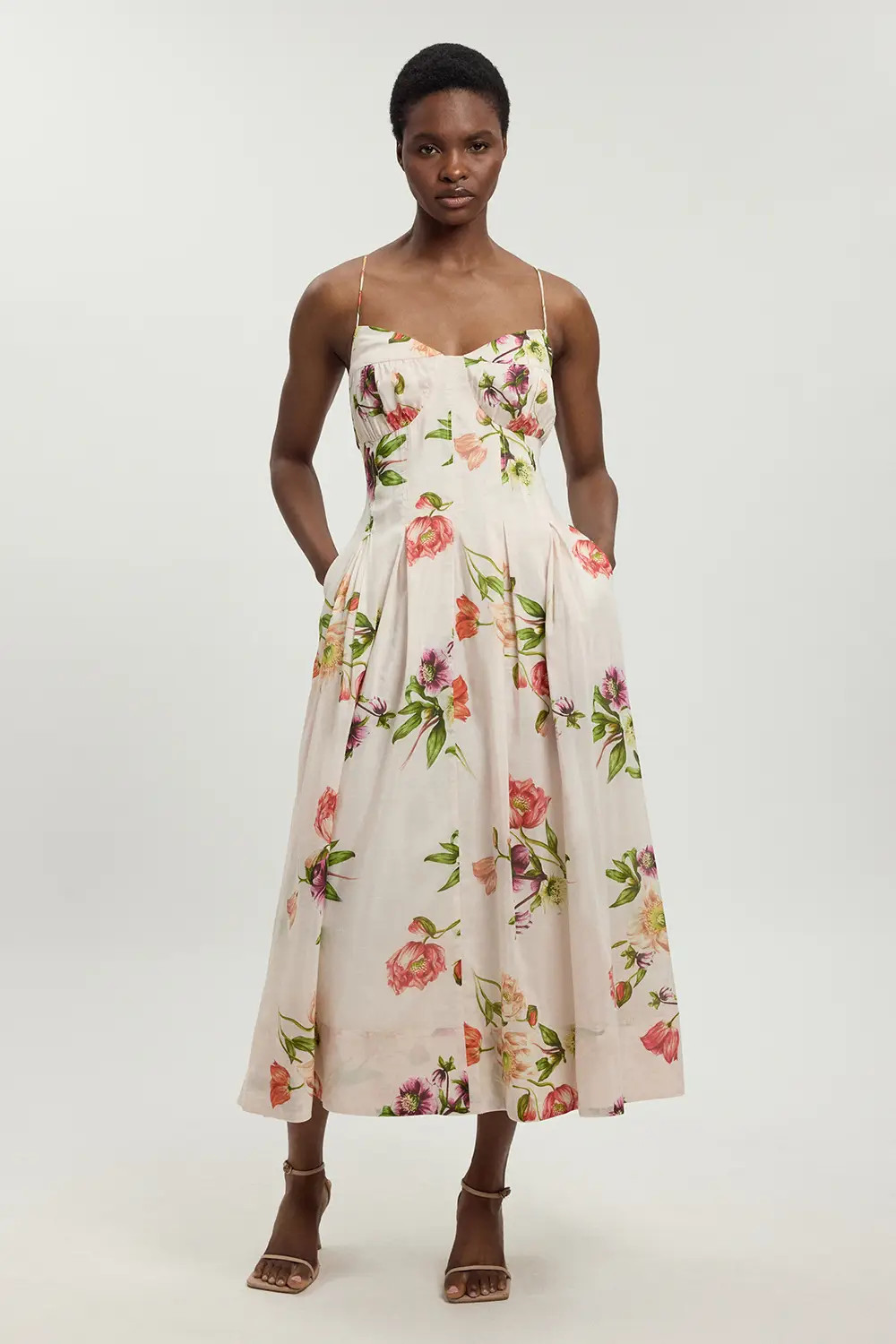Silk Cotton Floral Strappy Midi Dress | Karen Millen