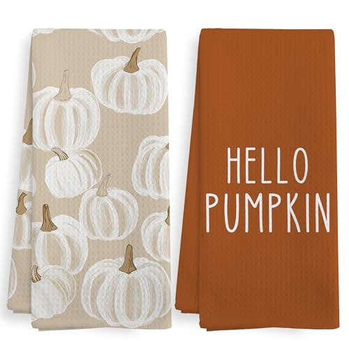 XNXLDYLH Fall Hello Pumpkin Kitchen Towels and Dishcloths Sets of 2, Fall Burnt Orange Beige White Pumpkin Decor Dish Hand Tea Towels Gifts for Bathroom Kitchen, Autumn Aesthetic Fall Decor, 16x24 in | Amazon (US)