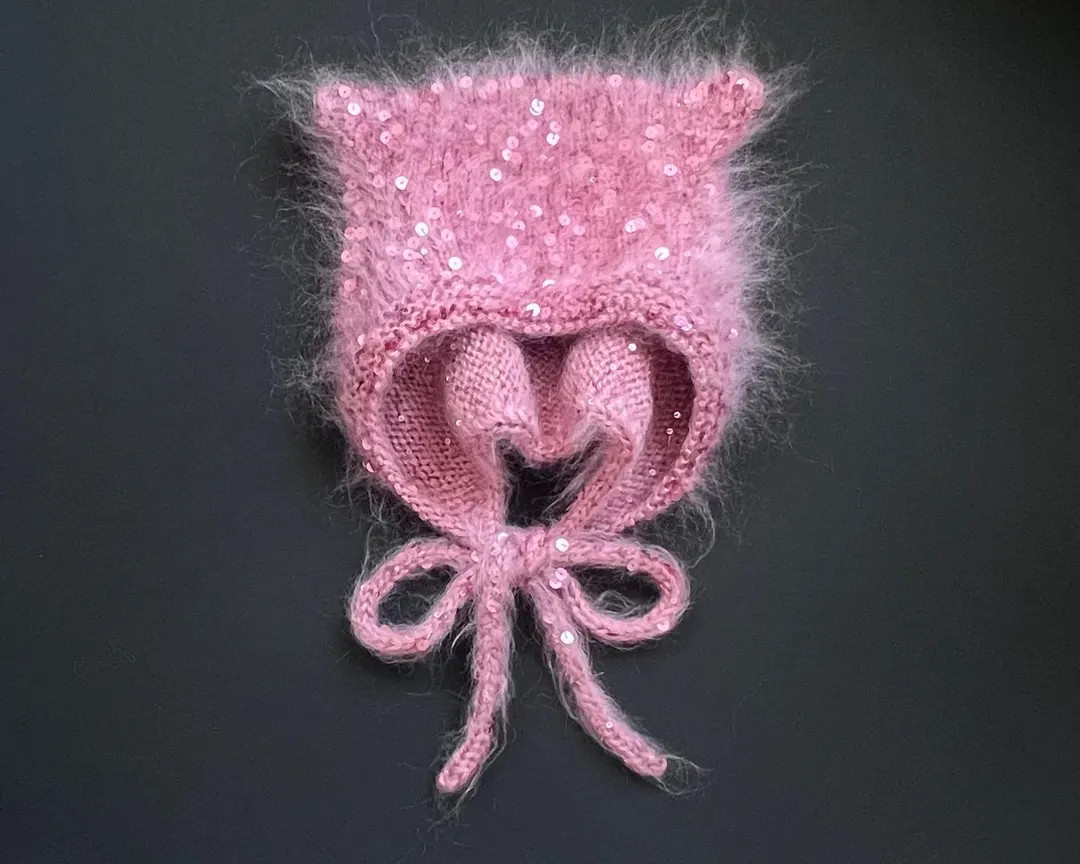 Sequin Mohair Cat Bonnet: Handmade Powder Pink Cat Hat - Etsy | Etsy (US)