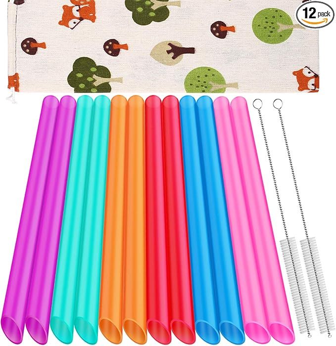 [Angled Tips] 12 Pcs Reusable Boba Straws and Smoothie Straws with 1 Storage Bag and 2 Brushes, B... | Amazon (US)