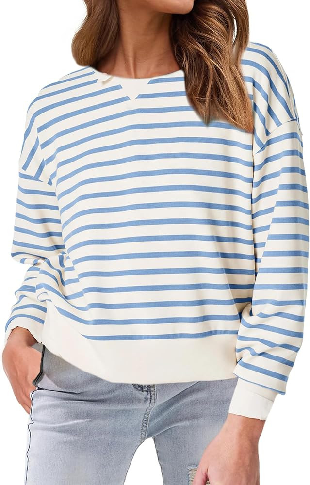Glamaker Women's Striped Crewneck Sweatshirt Pullover Casual Long Sleeve Cropped Shirts Loose Fit... | Amazon (US)