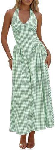 Wenrine Womens Halter V Neck Corset Maxi Dresses Summer Plaid Smocked Dress | Amazon (US)
