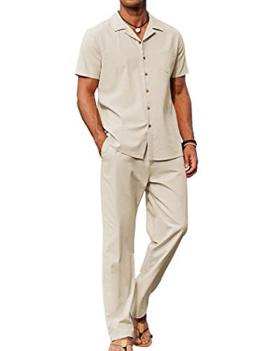 COOFANDY Men 2 Piece Linen Outfit Set Button Up Loose Shirt Elastic Waist Baggy Pants Suit | Amazon (US)