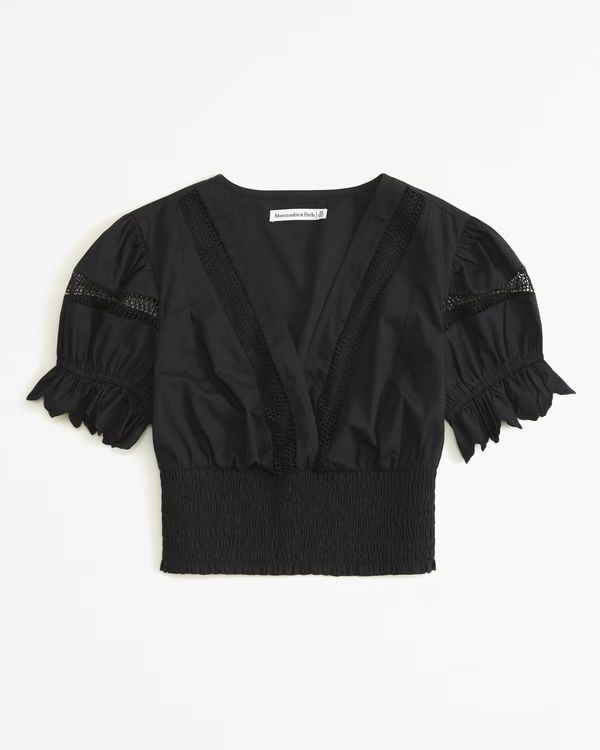 Poplin Lace-Trim Puff Sleeve Top | Abercrombie & Fitch (US)