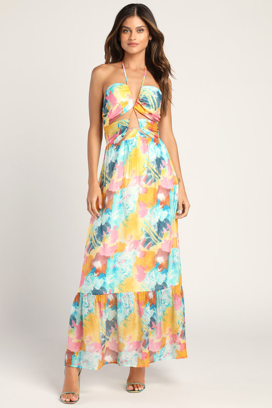 Stunning One Multi Abstract Print Drawstring Halter Midi Dress | Lulus (US)