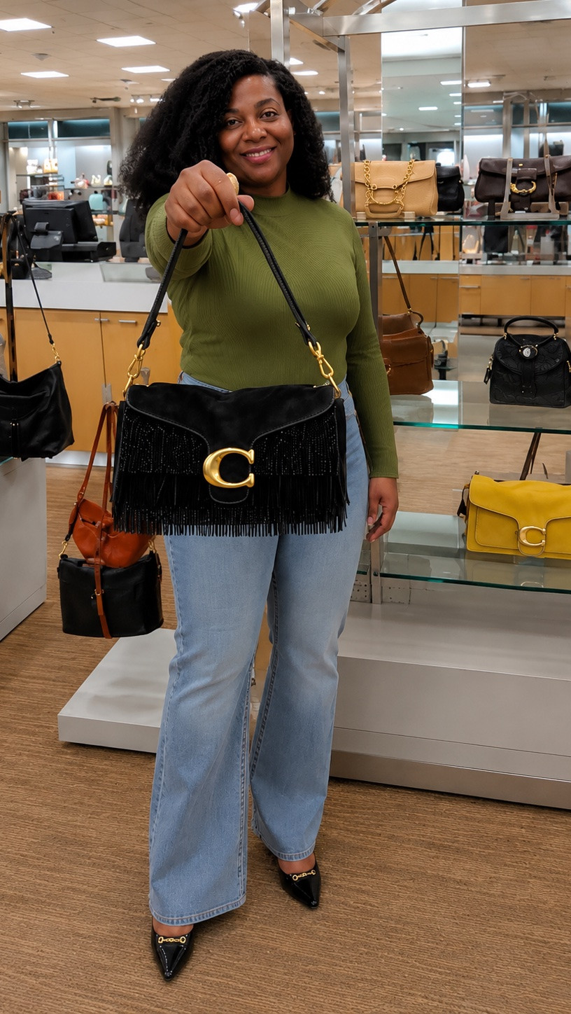 This Coach Tabby 26 Beaded Fringe Suede Shoulder Bag is one of those bags that looks even more expensive in person. The black suede, beaded details, and fringe give it a fun western-luxe feel while still being timeless enough to wear year-round. The gold hardware and iconic Coach “C” closure make it feel so elevated and designer-worthy.

The Tabby 26 is also the perfect size. It’s roomy enough to hold your everyday essentials without feeling bulky, and the shoulder strap makes it easy to wear from day to night. This is the kind of statement bag that instantly dresses up a simple outfit—think jeans and a black tee or your favorite little black dress.

Originally priced at $695 and now permanently reduced to $417, this is one of those luxury finds that doesn’t stay around for long. If you’ve been wanting to add a designer bag to your collection without paying full price, this is such a beautiful investment piece. The fringe movement, suede texture, and classic Coach details make it feel special and unique. Trust me, this is a bag you’ll reach for over and over again.

#coachtabby #designerbags #luxuryfashion #handbaglover #dillardsfinds