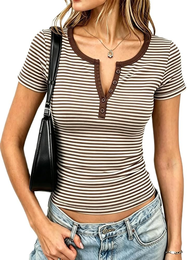 Striped Henley Shirts for Women Color Block Button V Neck Crop Tops | Amazon (US)