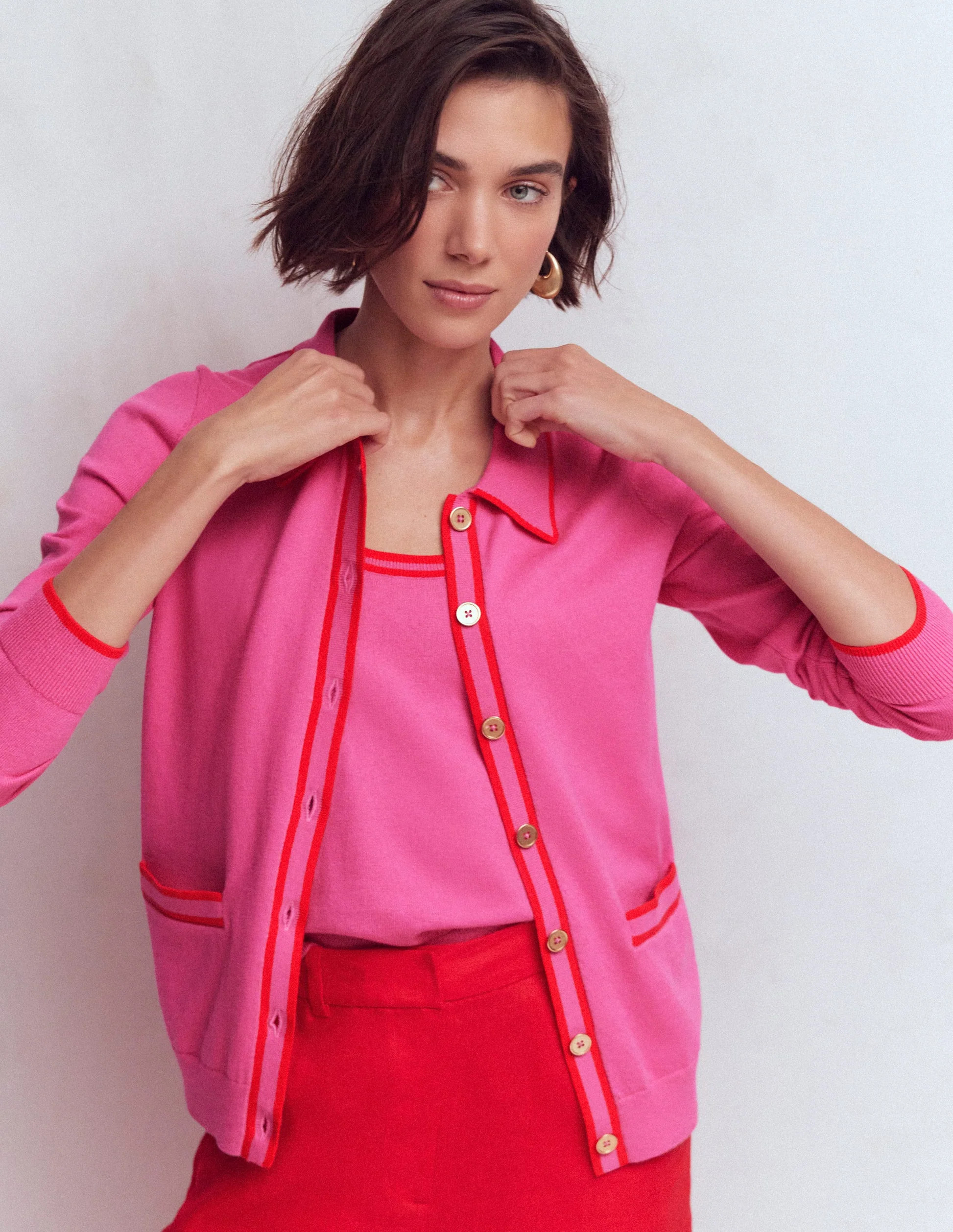 Liz Knitted Collared Cardigan-Pink Punch | Boden UK