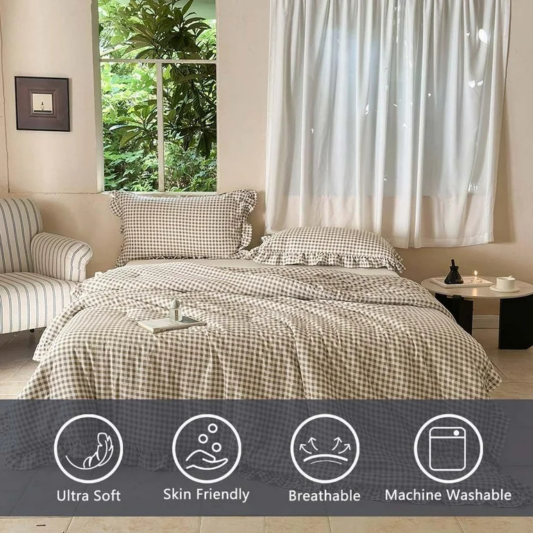 Tan Gingham Ruffle Queen Comforter Set, Taupe Ruffled Plaid Bedding Set, Ruffled Checked Bed Comf... | Walmart (US)