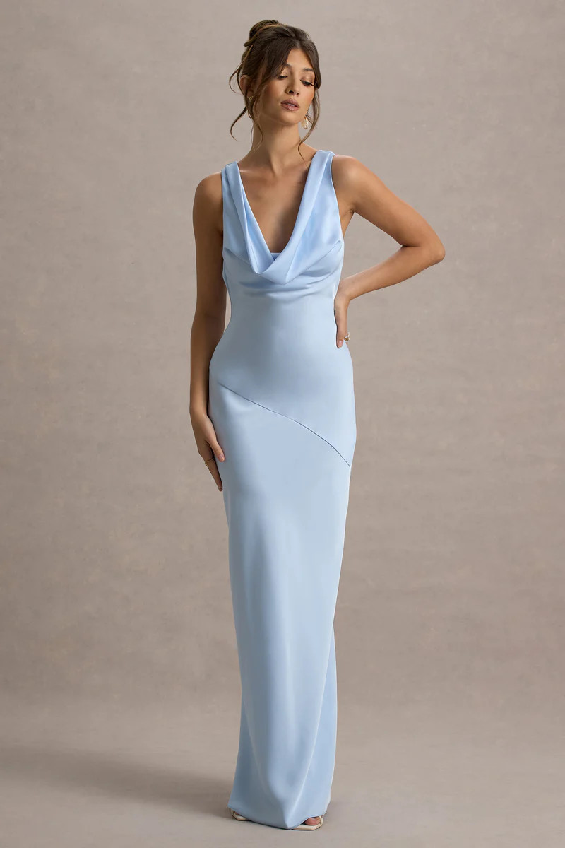 Alesso | Powder Blue Satin Cowl-Neck Maxi Dress | Club L London
