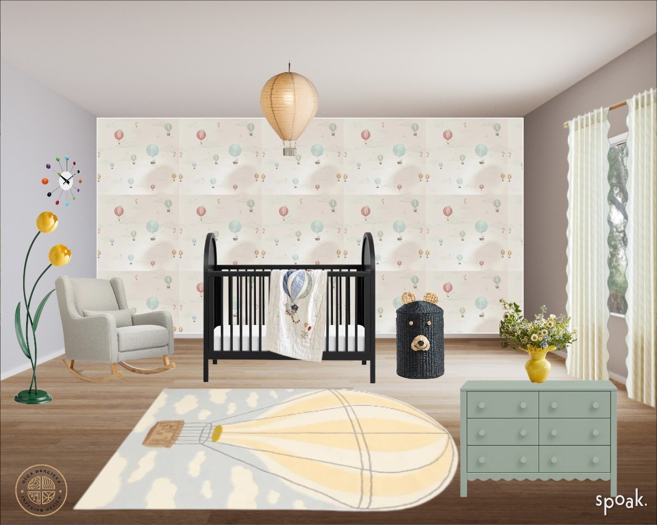 Fun nursery room design/mood board! Black crib, sage green dresser, fun balloon wallpaper, balloon pendant light, balloon rug, bear basket, grey rocker, yellow vase, tulip floor lamp. #homedecor #nurseryy

#LTKBaby #LTKHome #LTKBump