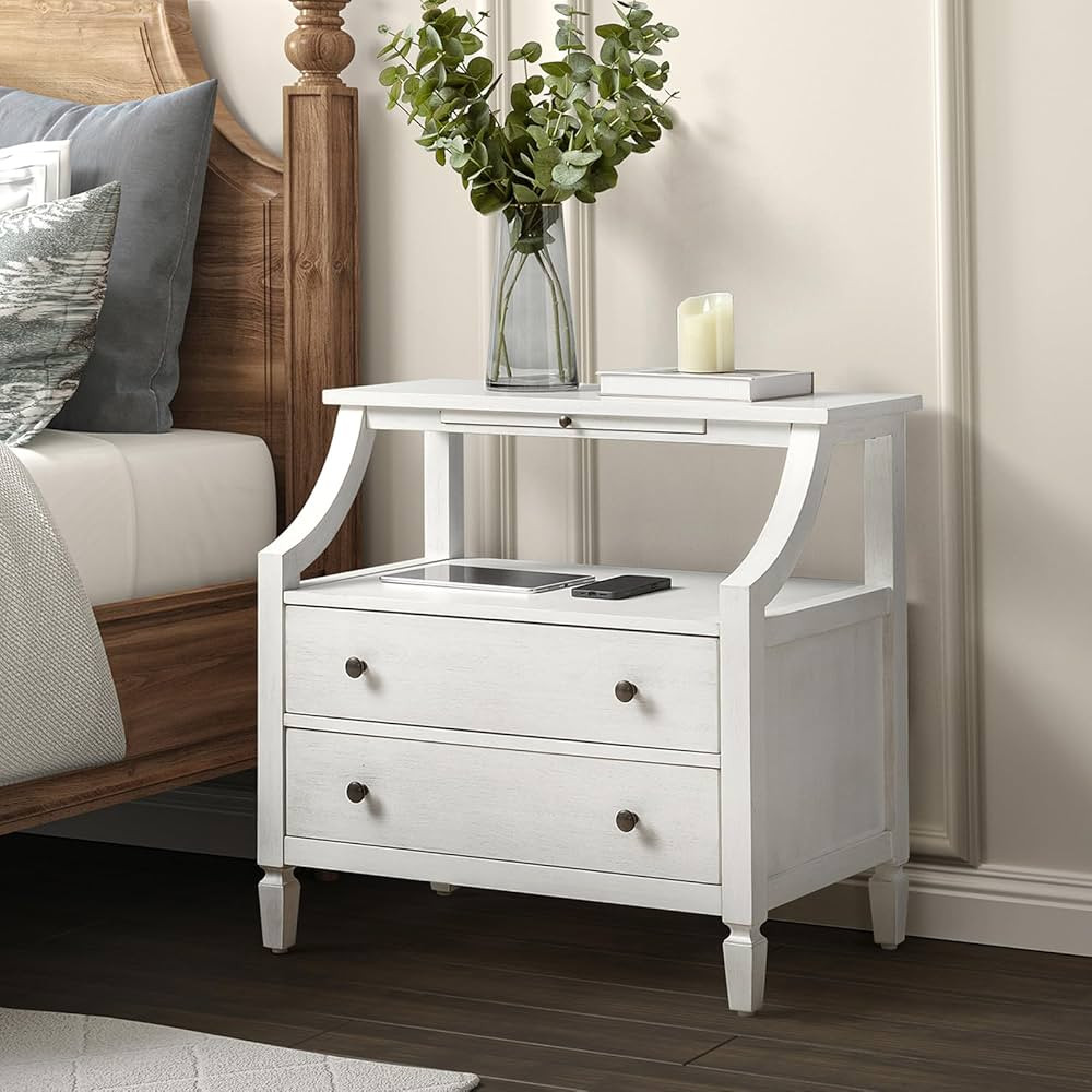 HULALA HOME Wood Nightstand with Charging Station, 2 Drawer Large White Nightstand Organizer, Bed... | Amazon (US)