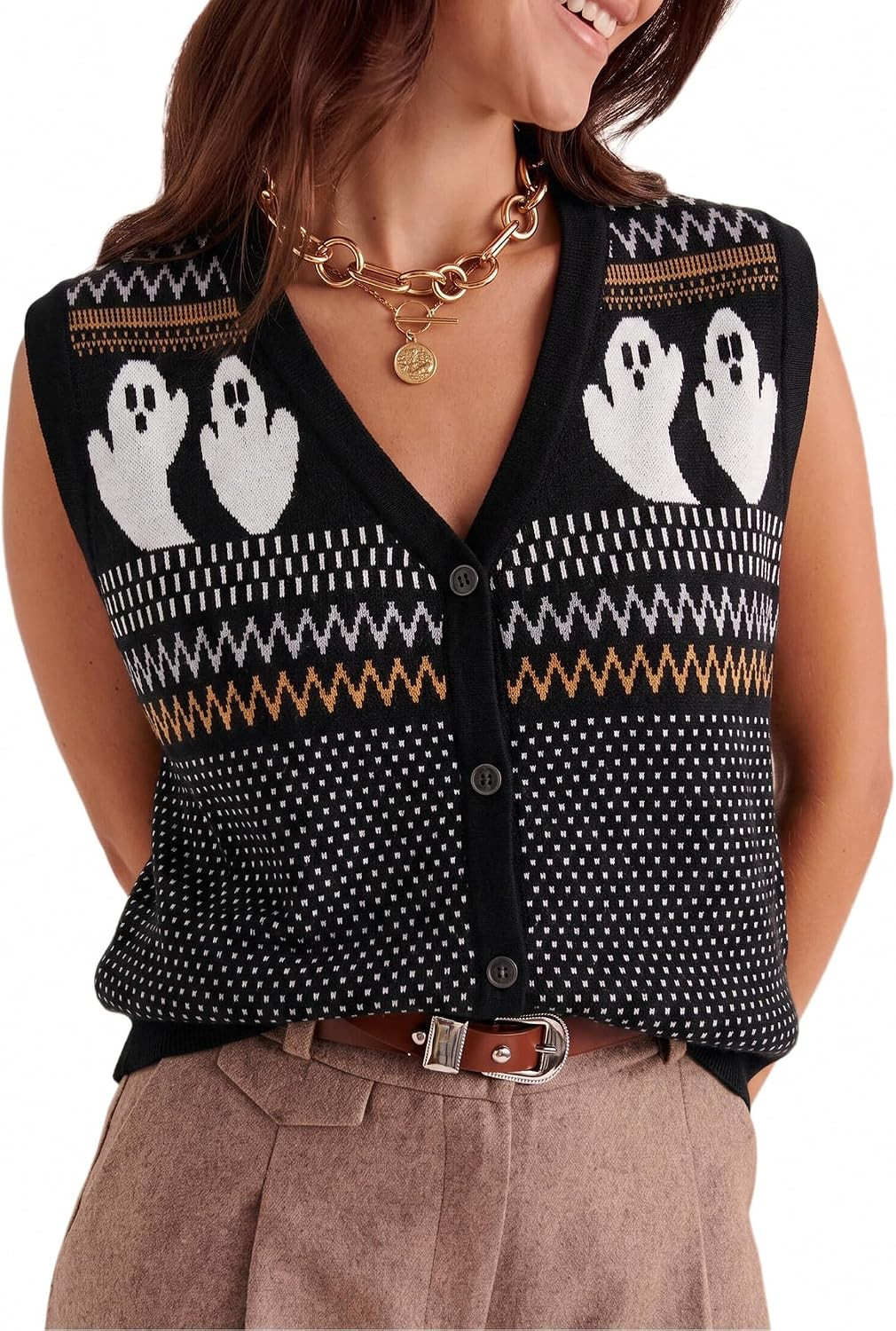 Halloween Sweater Vests for Women Holiday Sleeveless Button Down Cardigan | Amazon (US)