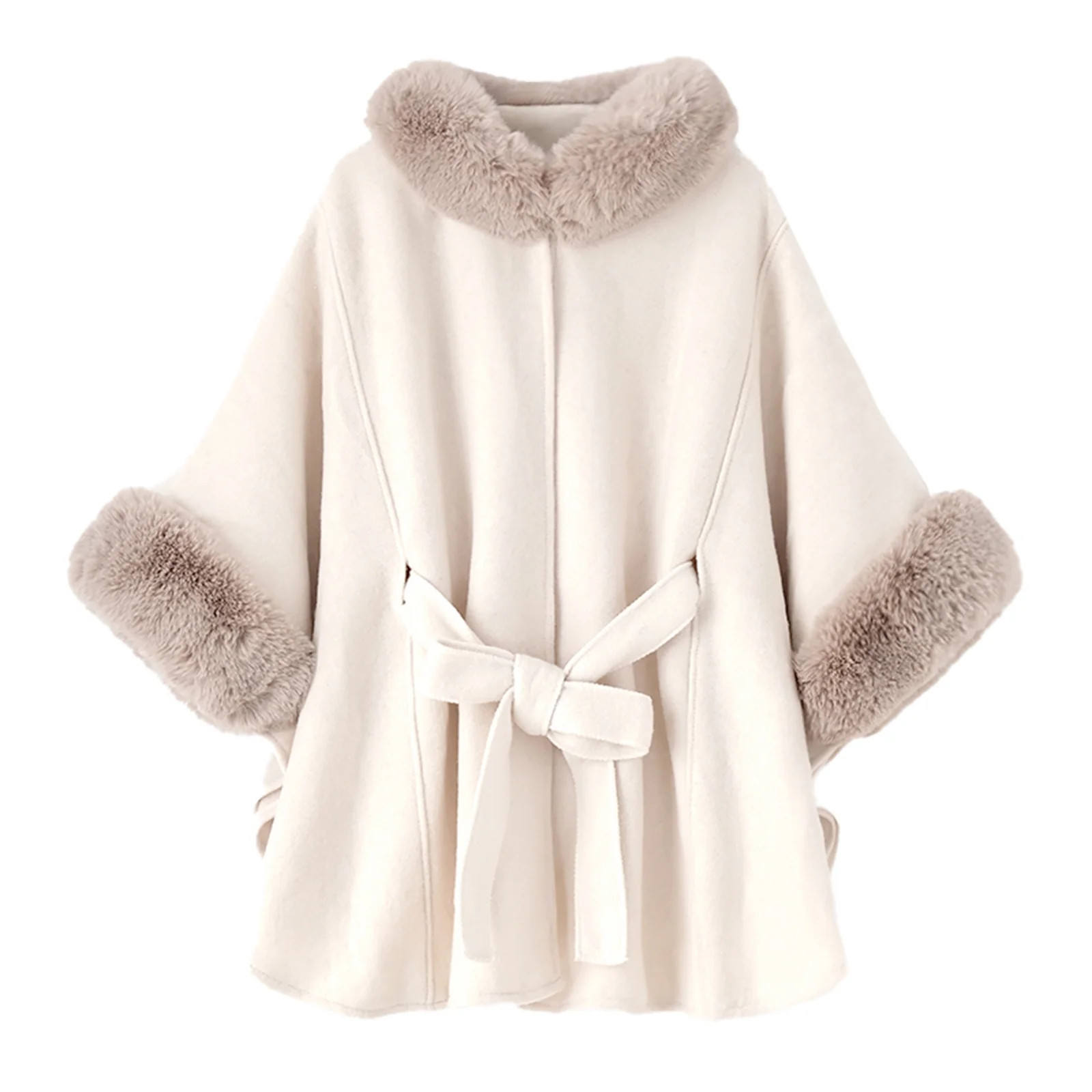 Women's Faux Fur Poncho Winter Shawl Cape Coat Knit Wrap Warm Fashion Cloak Beige One Size | Walmart (US)