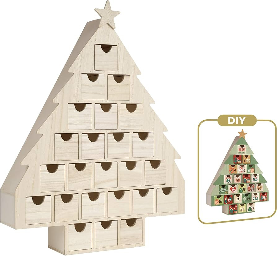 Sunlit Christmas Wooden Advent Calendar with Drawers, Unfinished Wooden, Christmas Tree Shaped Co... | Amazon (US)