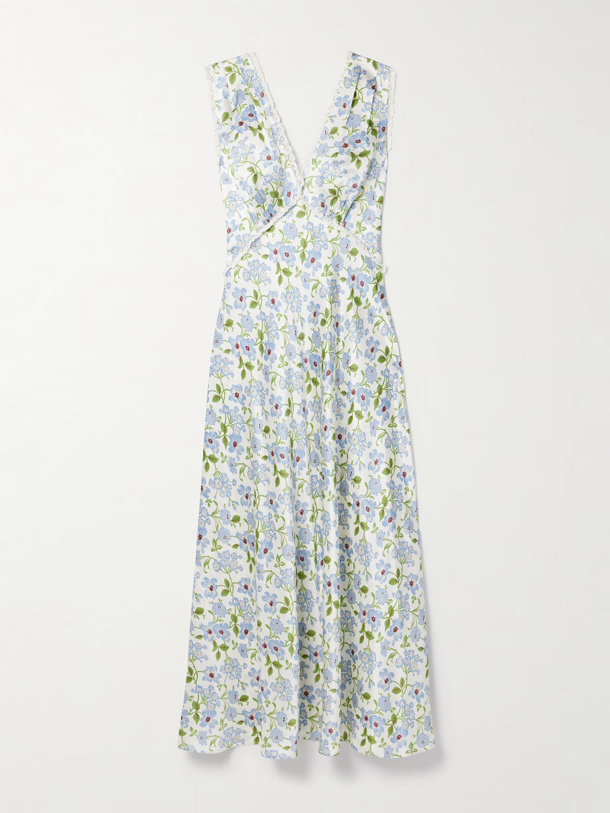 DÔEN - Tahlia Lace-trimmed Floral-print Silk-charmeuse Midi Dress - Blue | NET-A-PORTER (US)