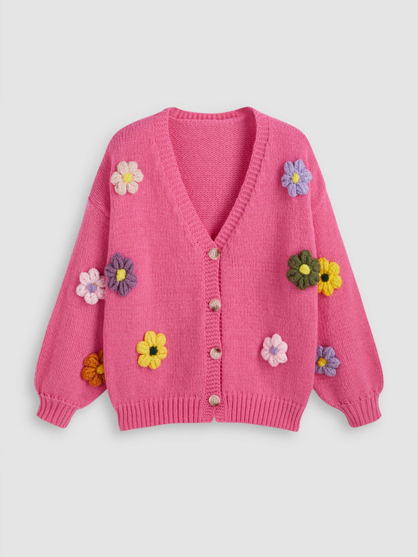 Fall Sweater Knit Fabric V-neck 3D Flower Knitted Cardigan Curve & Plus For School Daily Casual P... | Cider