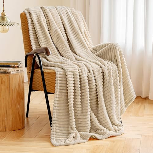 MIULEE Beige Throw Blanket 3D Ribbed Jacquard Fleece Flannel Velvet Plush Decorative Bed Blanket (Throw, 50" x 70") - Super Soft, Lightweight, Warm and Cozy for Couch Sofa | Amazon (US)