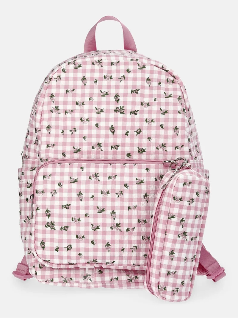 Weekend Academy Girl's Dome Backpack with Pouch, Pink Gingham with Floral Embroidery | Walmart (US)