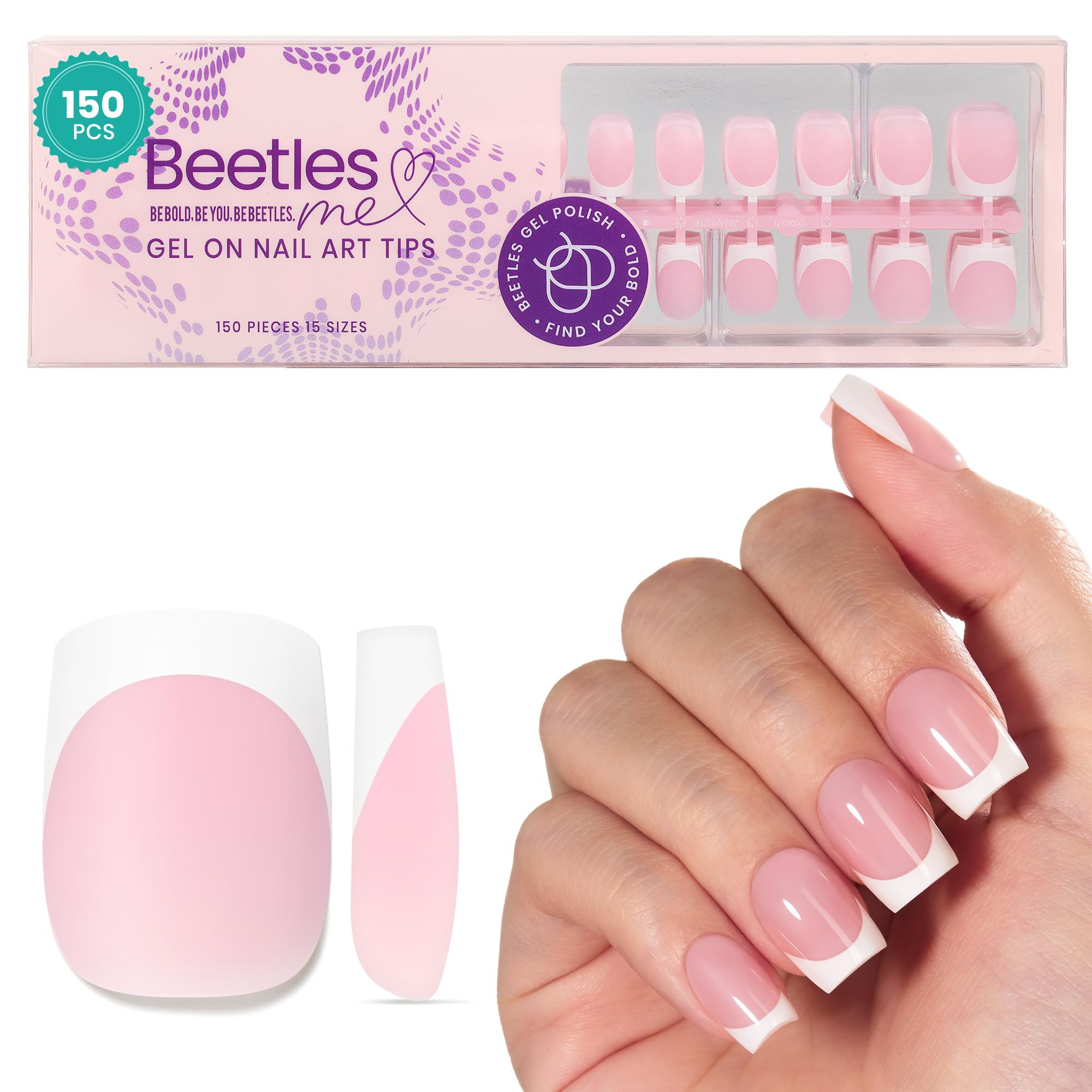 Beetles French Tip Press On Nails: 150 Pcs Pink Short Square Press On Nails 4 in 1 Nail Tips, Pre... | Amazon (US)