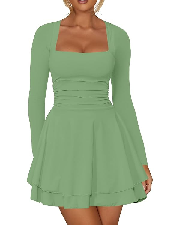 Kaximil Women's Square Neck Ruffle Hem Mini Dress Ruched Waist Long Sleeve Corset Short Party Dre... | Amazon (US)