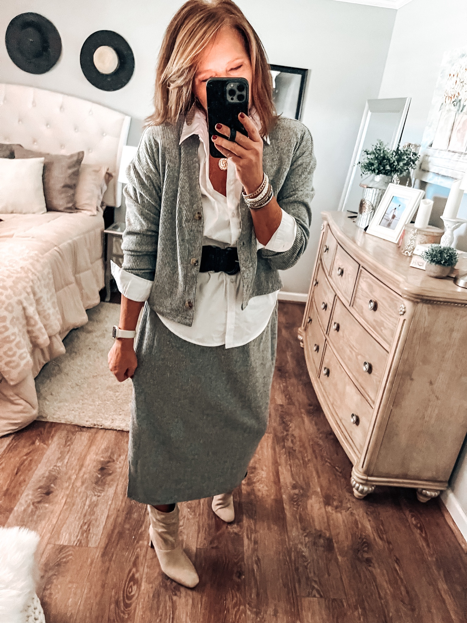 Cute sweater set by Time and Tru from Walmart. Fits tts, wearing a Medium fit reference. Styled with Time and Tru white button down shirt and black belt around waist. Coin necklace, amazon jewelry, accessories, taupe boots 

Walmart fashion, Walmart finds, Walmart trends, Walmart outfits, workwear, sweater set, sale, skirts, work outfit, casual chic, fashion over 40

#LTKworkwear #LTKsalealert #LTKunder50