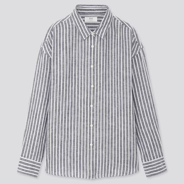 UNIQLO Women's Premium Linen Striped Long-sleeve Shirt, Navy, XS | UNIQLO (US)