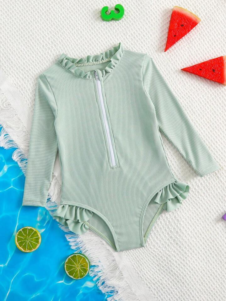 Baby Girl Frill Trim Zipper Front One Piece Swimsuit | SHEIN