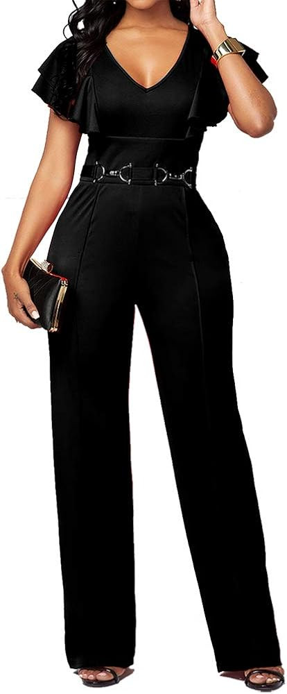 PDBQ Women's V-Neck Jumpsuit High Waist Short Sleeve Ruffled Loose Long Wide Leg Pants Suit | Amazon (US)