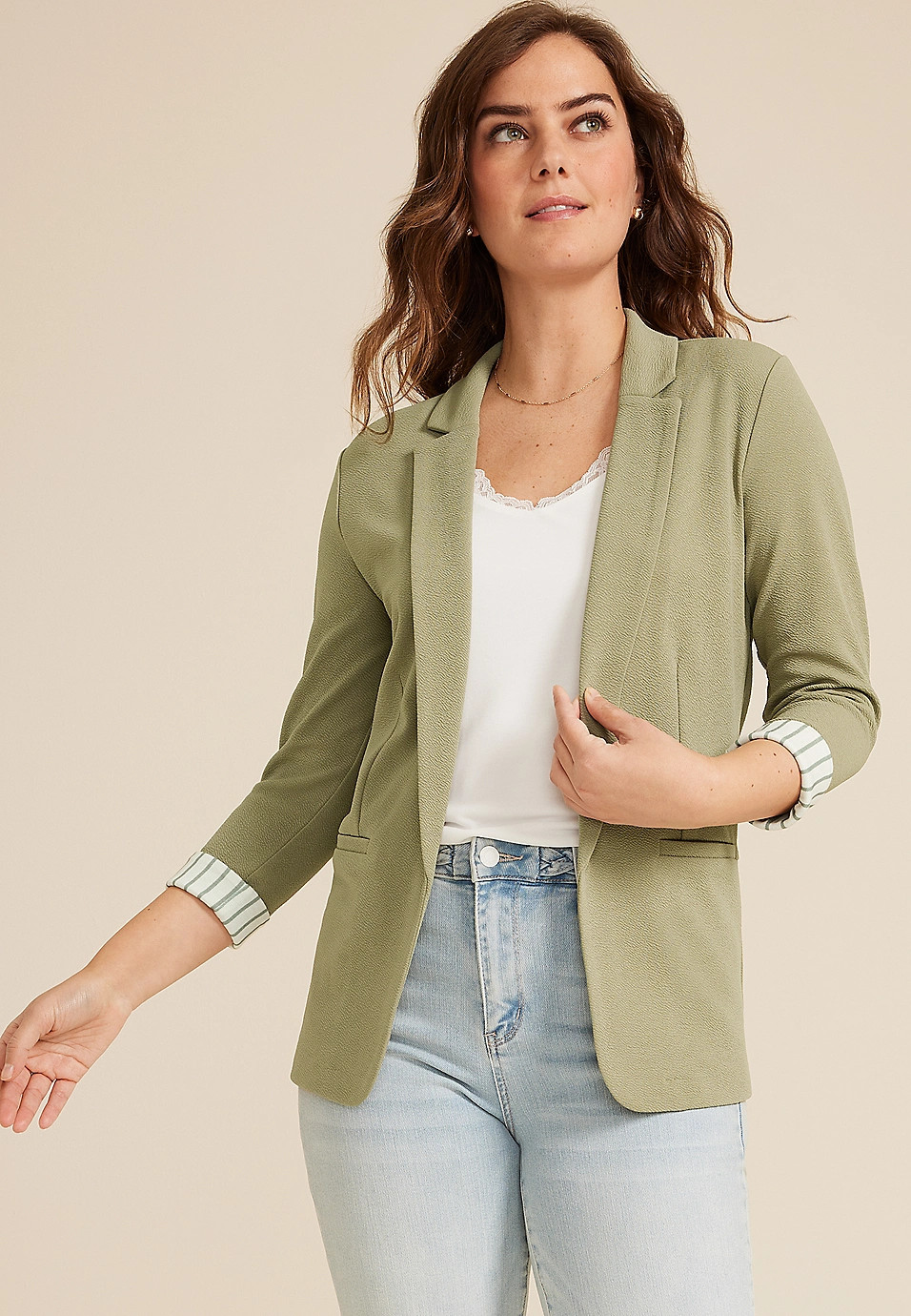 Versa Striped Cuff Open Front Blazer | Maurices