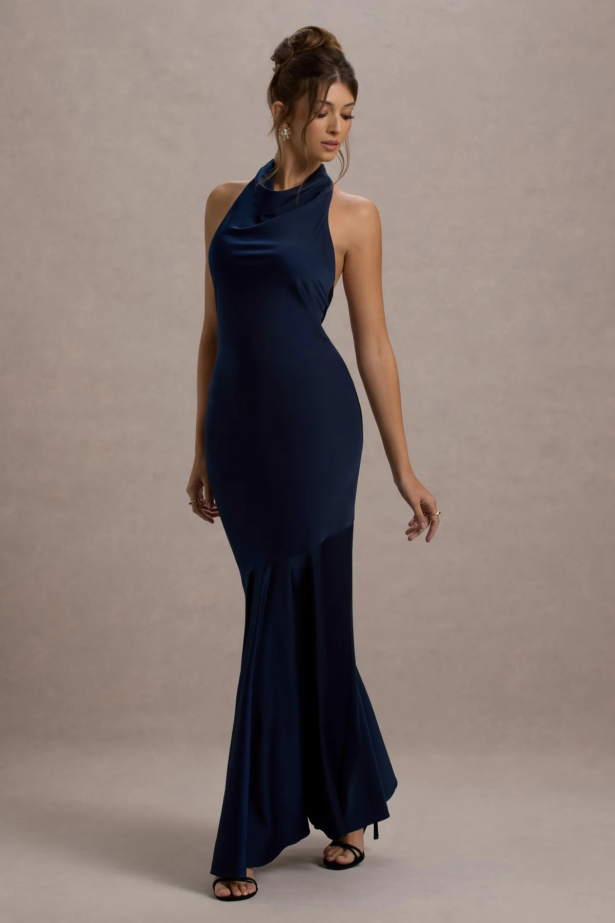 Amelita | Navy Satin Cowl-Neck Maxi Dress | Club L London