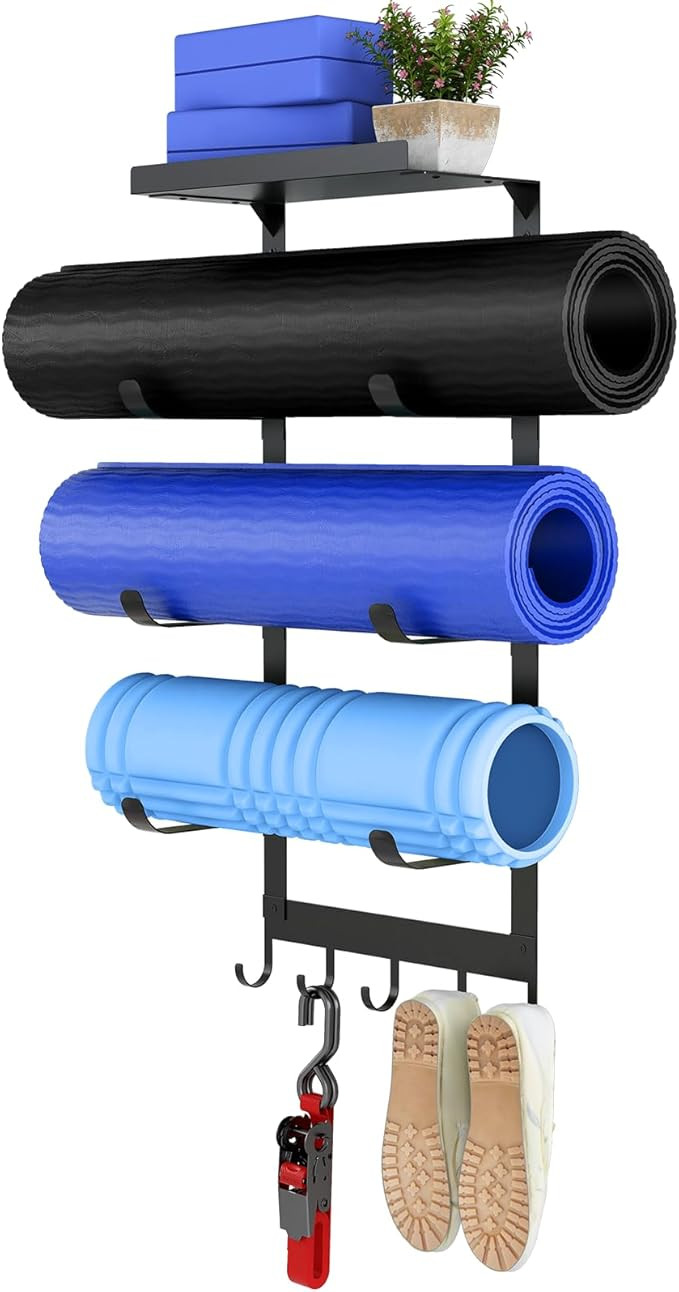 LSK Yoga Mat Holder Wall Mount, Black Yoga Mats Storage Rack, Home Gym Storage with Metal Floatin... | Amazon (US)