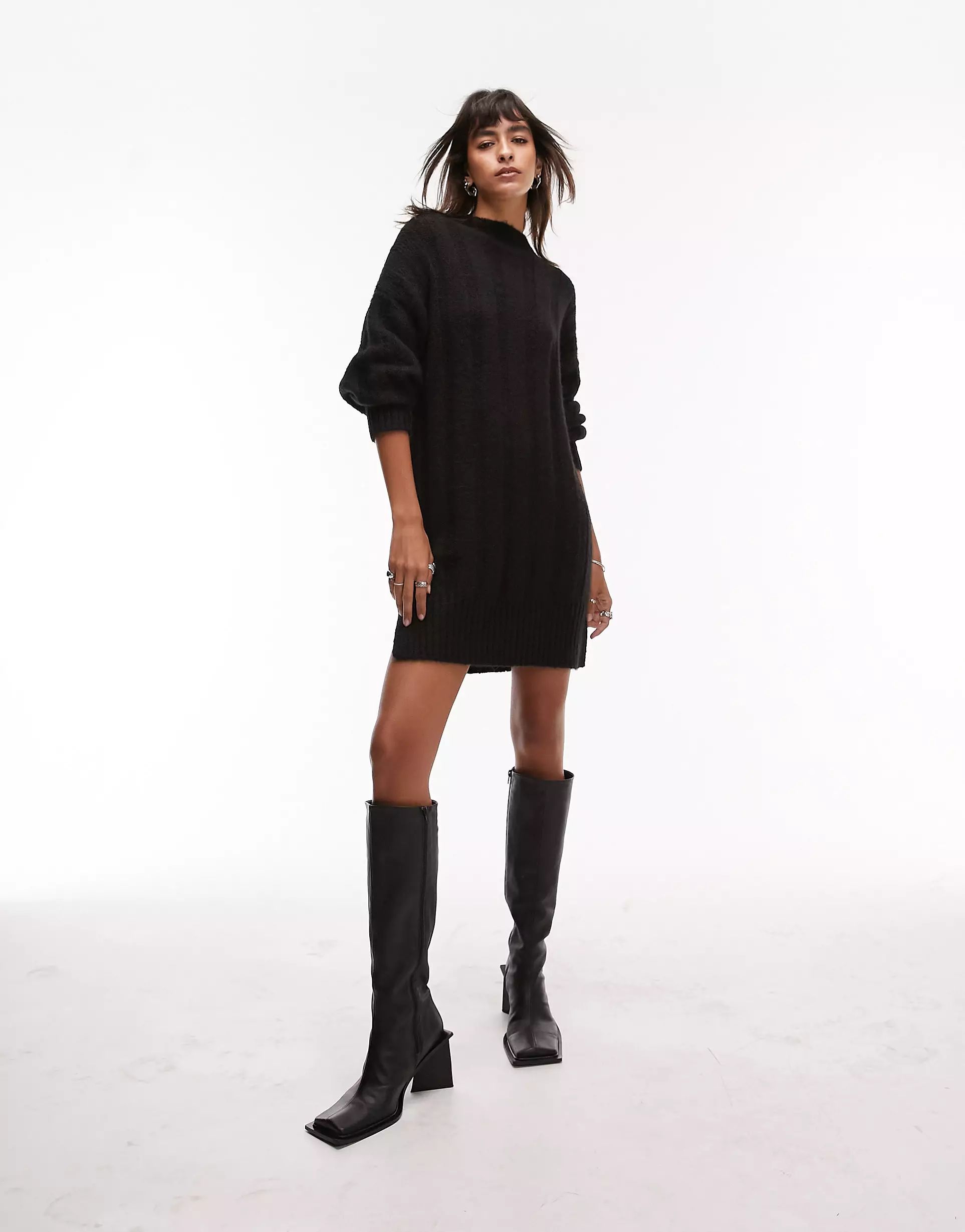 Topshop knitted funnel neck wide rib mini dress in black | ASOS (Global)